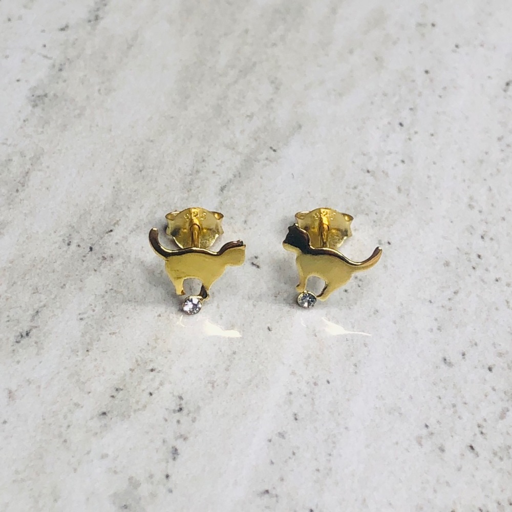 925 Sterling Silver Gold Cat Stud Earrings